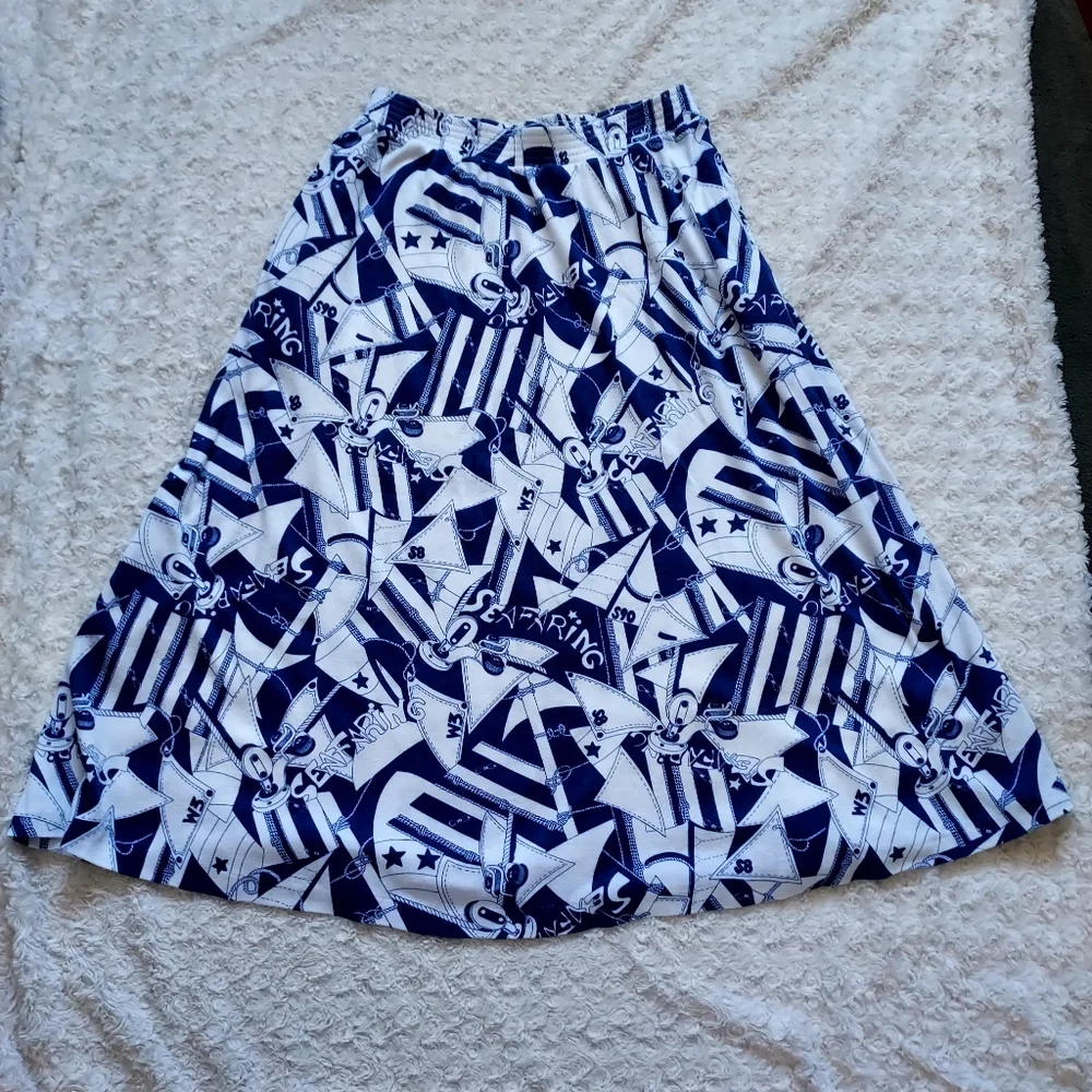Blue & White Seafaring Nautical Circle Skirt Med Cruise Travel Coastal Resort